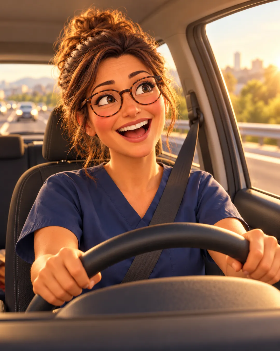 Elena al volante, sveglia, canta con la radio