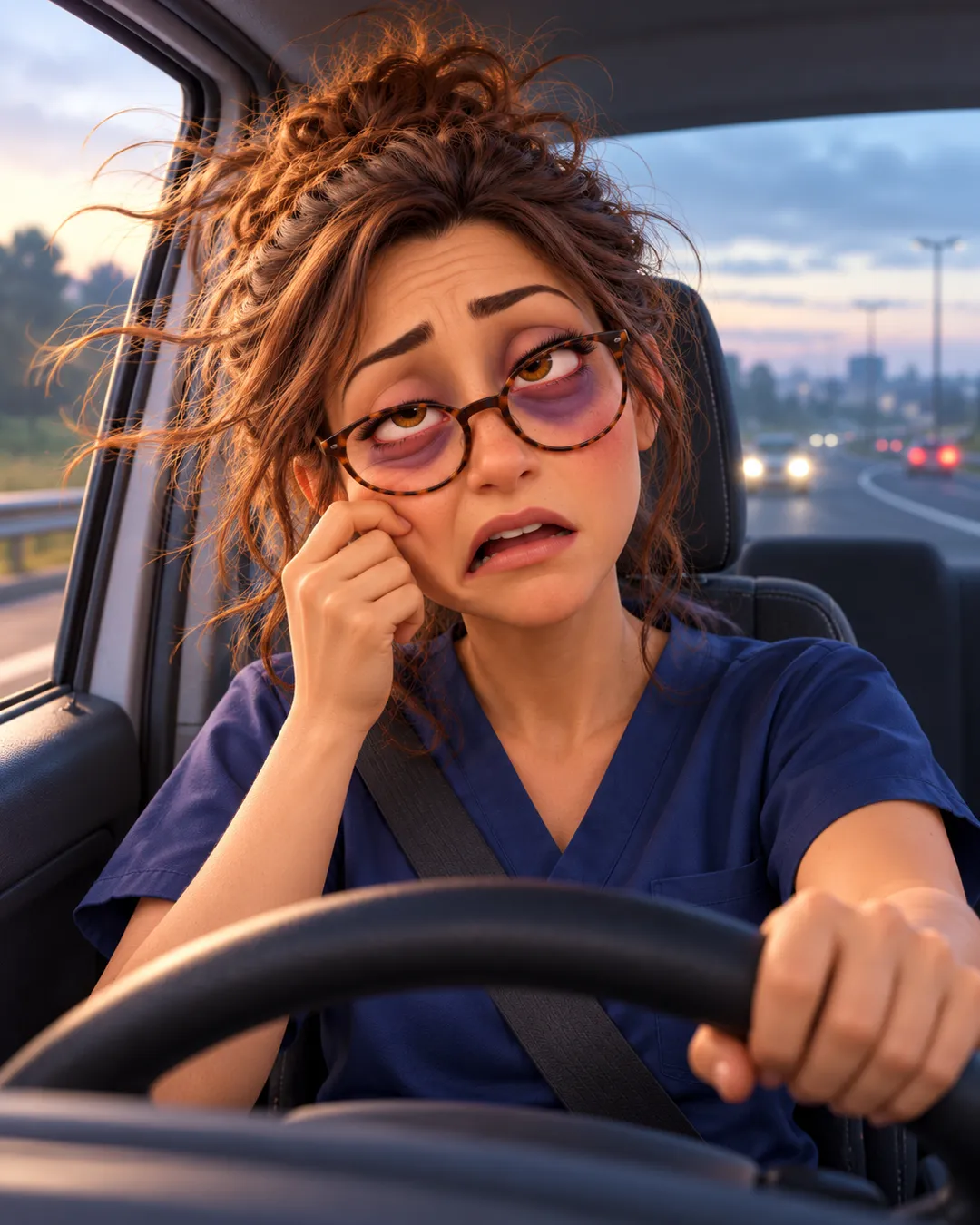 Elena al volante col finestrino abbassato per non addormentarsi