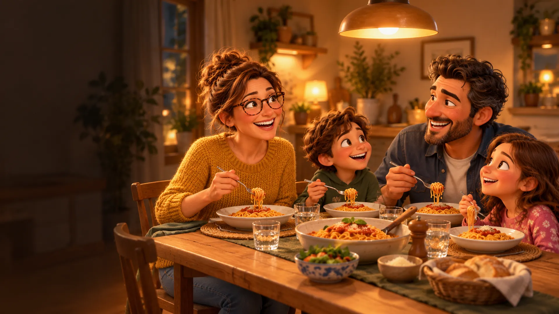 Elena ride a cena con il marito e i figli