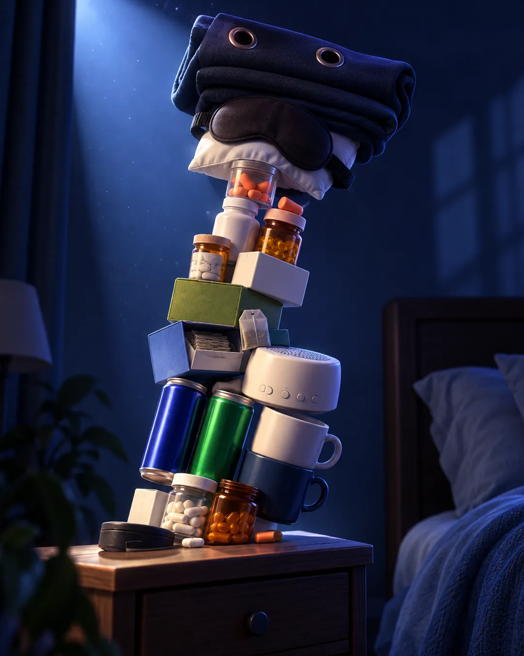 Una torre traballante di rimedi per dormire sul comodino
